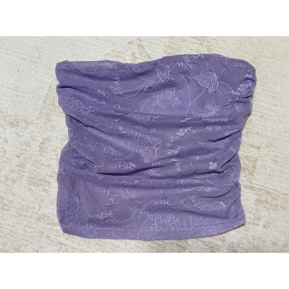 I.AM.GIA Purple Lace Tube Top Ruched Strapless Bandeau XS Floral Mesh Overlay